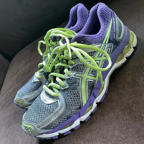 Excellent ASICS GEL Kayano 21 Purple Grey Lime Womens 8.5 US 40 EUR 2A Narrow - Picture 3 of 9